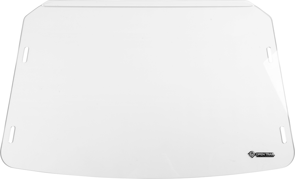 Open Trail full windshield for off-road vehicles, clear windscreen with mounting brackets, designed for durability and protection.