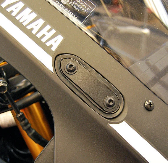 New Rage Cycles Mirror Block Off Plates for Yamaha YZ 565-0172, black body covers for motorcycle mirror removal.