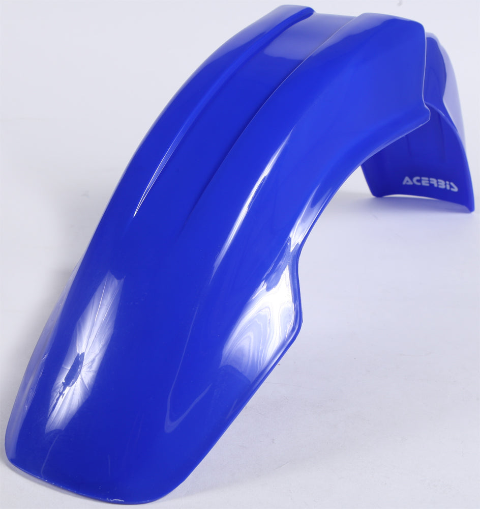 Acerbis blue front fender for motorcycle, showcasing its aerodynamic design and vibrant blue color.
