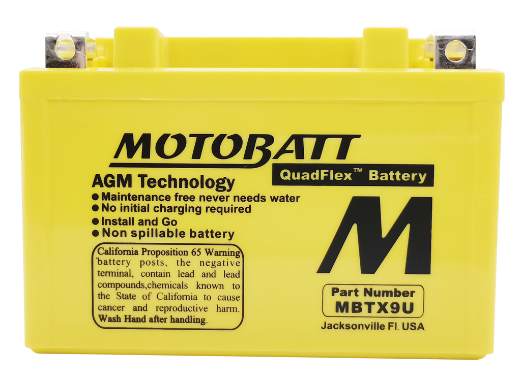 Motobatt MBTX9U sealed lead-acid motorcycle battery with factory activation and durable design.