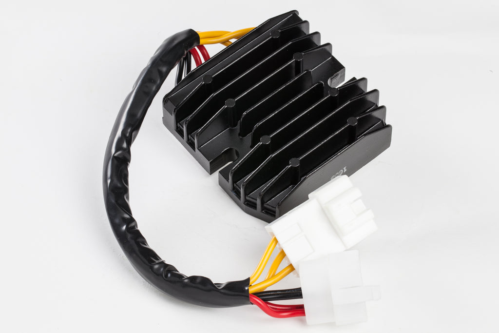 Ricks Motorsport Electric regulator and rectifier for motorcycle electrical systems, showing the black electrical component with connectors.