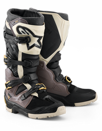 Alpine Star Tech 7 Enduro motorcycle boots in black, dark gray, and gold with Drystar waterproof material, size 11.