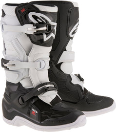 Alpine Star Tech 7s motocross boots in black and white, size 8, with sturdy design and protective features.