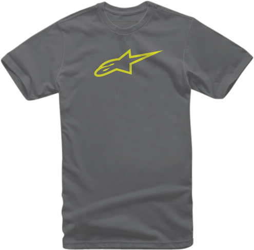 Alpine Star Ageless Tee in charcoal and hi-vis yellow, featuring a casual fit and colorful design, shown on a plain background.