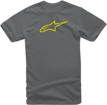 Load image into Gallery viewer, Alpine Star Ageless Tee in charcoal and hi-vis yellow, featuring a casual fit and colorful design, shown on a plain background.