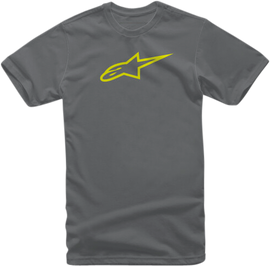 Alpine Star Ageless Tee in charcoal and hi-vis yellow, featuring a casual fit and athletic style, shown in the product image.