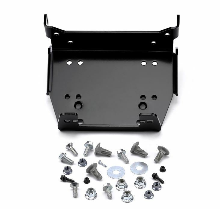 Warn winch mount bracket for Yamaha models, durable steel construction, designed to securely attach Warn winches.