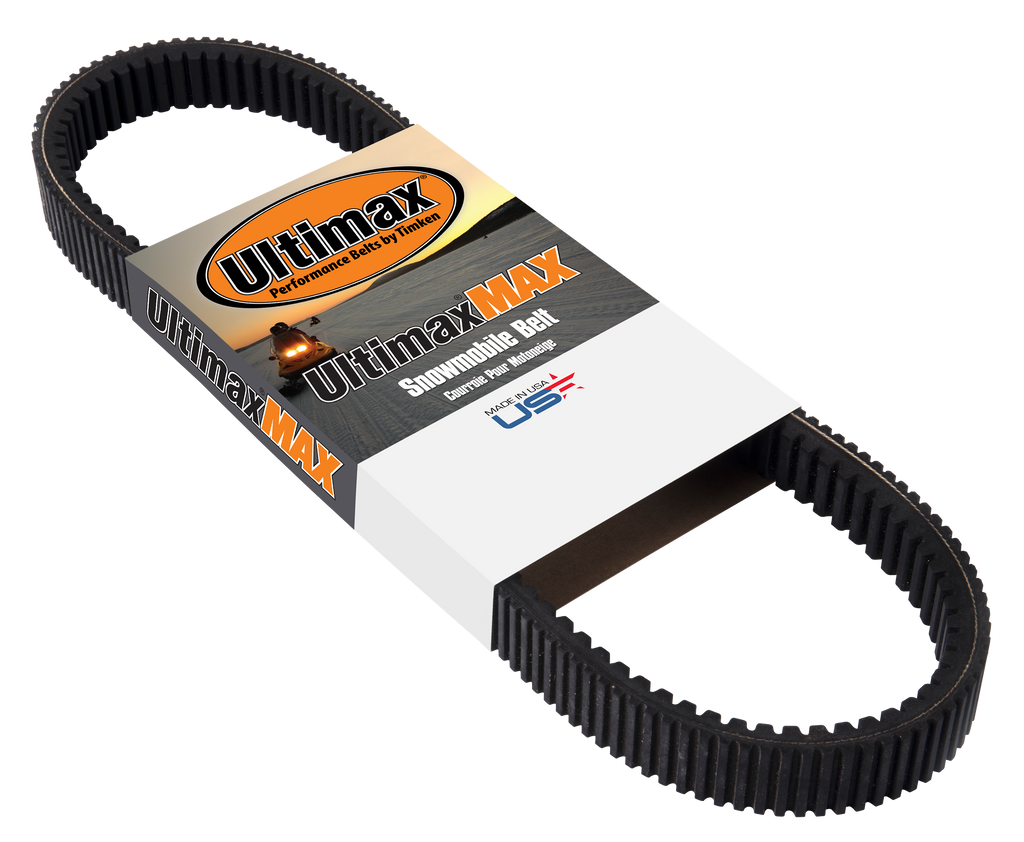 Ultimax Max Drive Belt 22-1136M3 showing a black rubber belt with reinforced edges, designed for automotive engine applications.