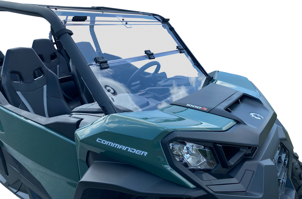 Open Trail folding windshield for off-road vehicles, clear windscreen with sturdy frame, designed for open trail use.