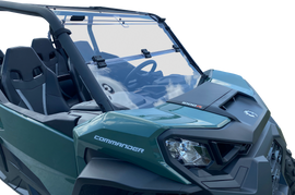 Open Trail folding windshield for off-road vehicles, clear windscreen with sturdy frame, designed for open trail use.