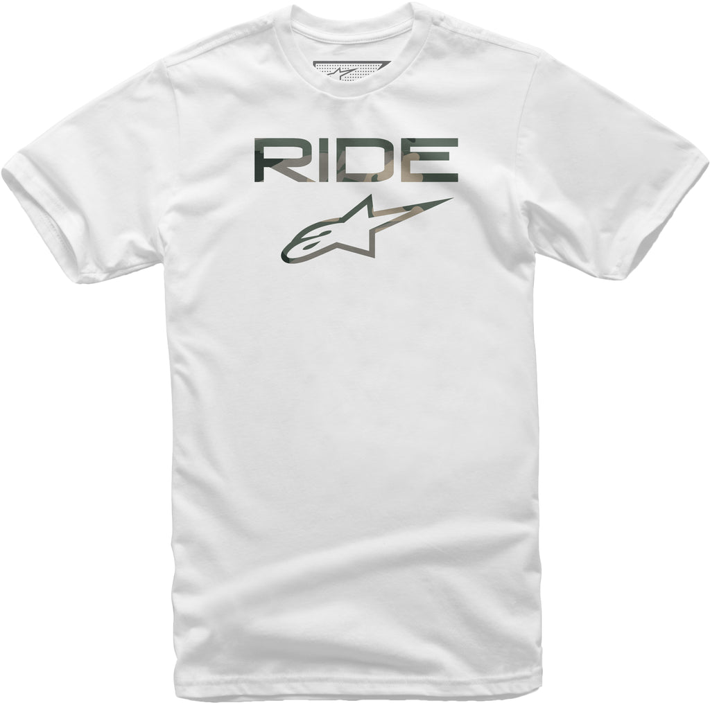 Alpine Star Ride 2.0 Camo Tee in white, front view showing camouflage pattern and athletic fit.