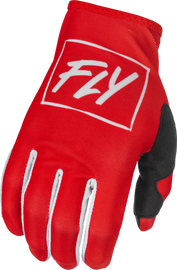 Fly Racing Lite gloves in red and white, size medium, showing lightweight riding gloves with padded palms and adjustable wrist closures.
