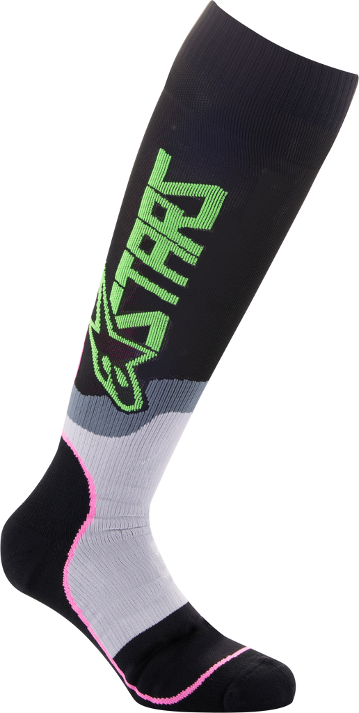 Alpine Star youth MX Plus-2 socks in black, neon green, and pink fluo, size medium/large, with cushioned design for motocross riding.