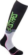 Load image into Gallery viewer, Alpine Star youth MX Plus-2 socks in black, neon green, and pink fluo, size medium/large, with cushioned design for motocross riding.