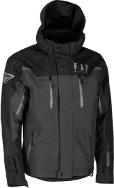 Fly Racing Incline Jacket in black and charcoal, XL size, with visible zipper and logo, designed for motorcycle riding.