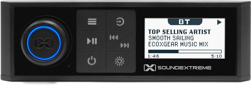 EcoXGear 1DIN radio for audio and communication, featuring a digital display and control knobs in a vehicle dashboard setup.