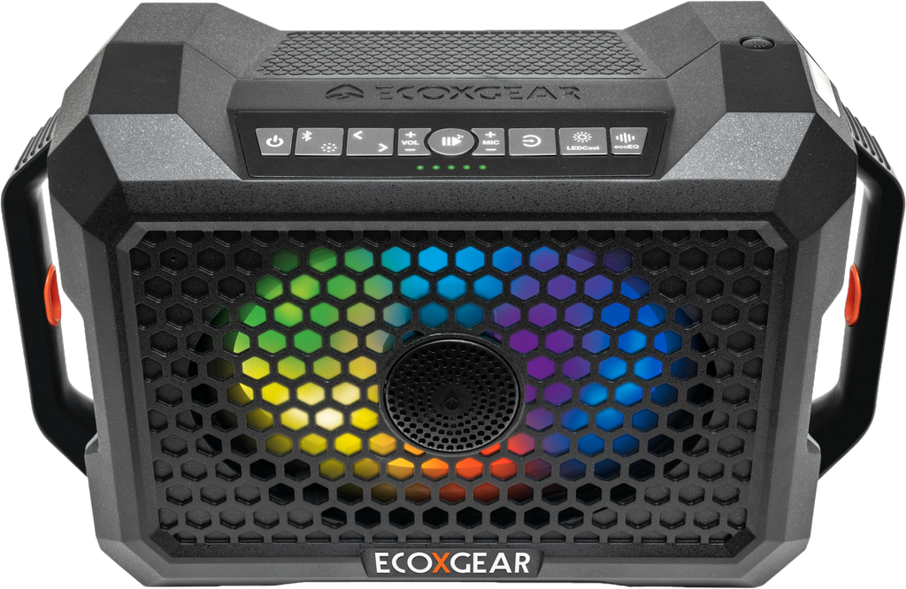 EcoXGear Defender Black Oak portable speaker with rugged design and audio controls, ideal for outdoor communication and entertainment.