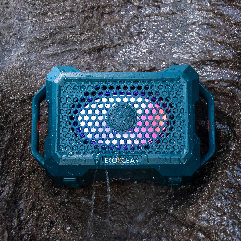 EcoXGear Defender Emerald Bay portable speaker with rugged design, black color, and waterproof features for outdoor use