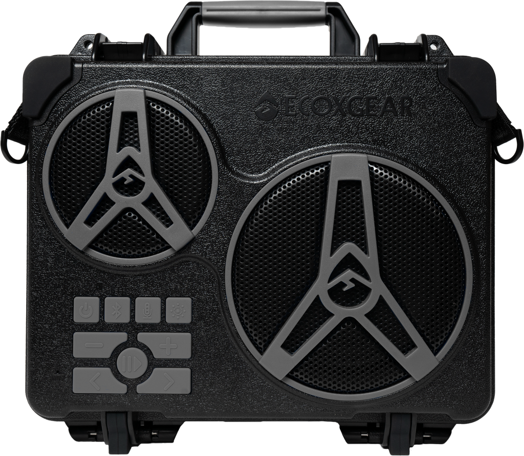 EcoXGear Ecojourney grey portable audio, visual, and communication device with buttons and display screen.