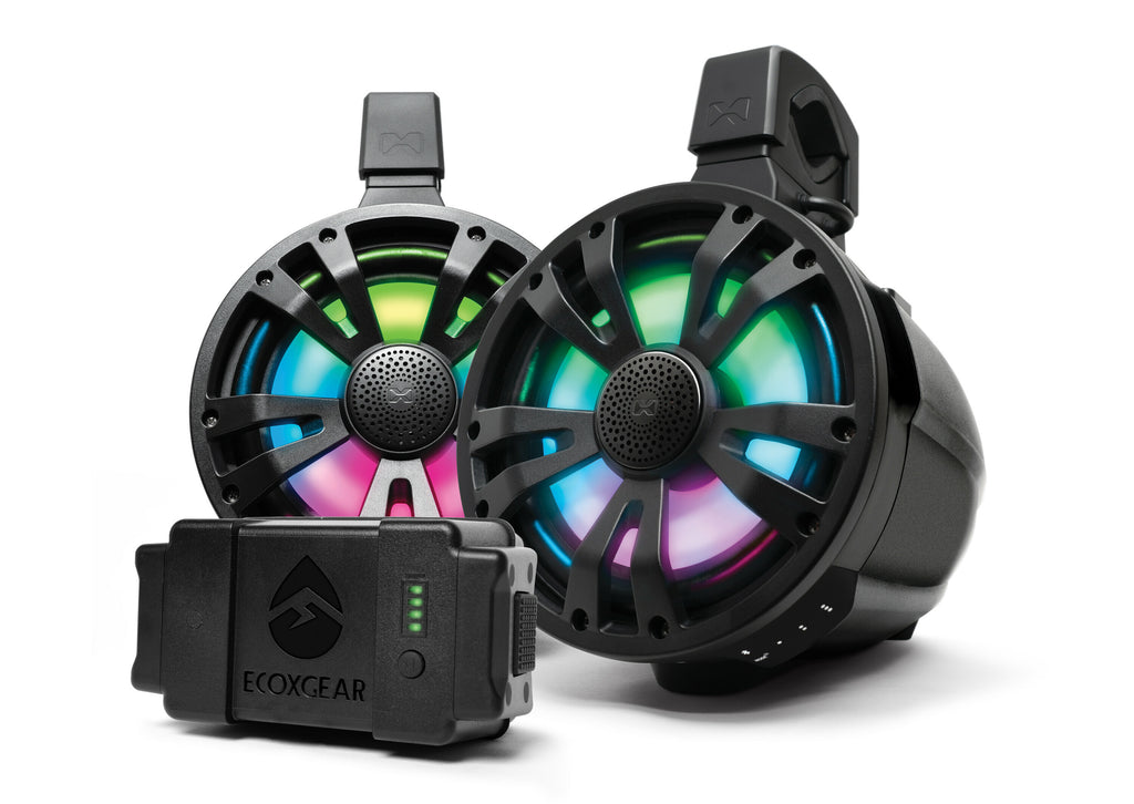 EcoXGear Extrmtower 2-pack portable speakers with built-in amplifier and battery, black color, for outdoor audio experiences.