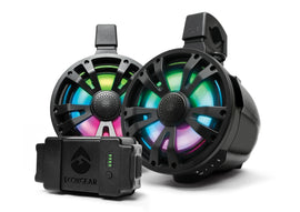 EcoXGear Extrmtower 2-pack portable speakers with built-in amplifier and battery, black color, for outdoor audio experiences.