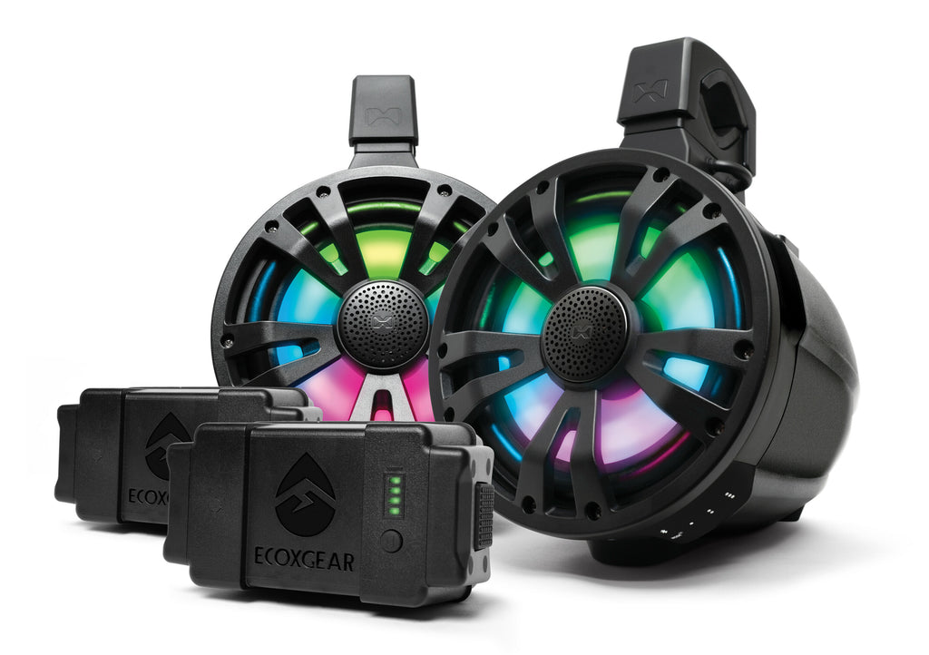 EcoXGear Extrmtower 2-Pk portable speaker set with two amplifiers and two batteries in black for outdoor audio solutions.