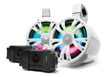 Load image into Gallery viewer, EcoXGear ExtremeTower 2-Pk portable speaker set with 2 amplifiers and 2 white batteries, ideal for outdoor audio experiences.