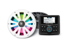 Load image into Gallery viewer, EcoXGear Marine Gauge Radio with LED controller and two 6.5-inch speakers, designed for boat audio and communication systems.