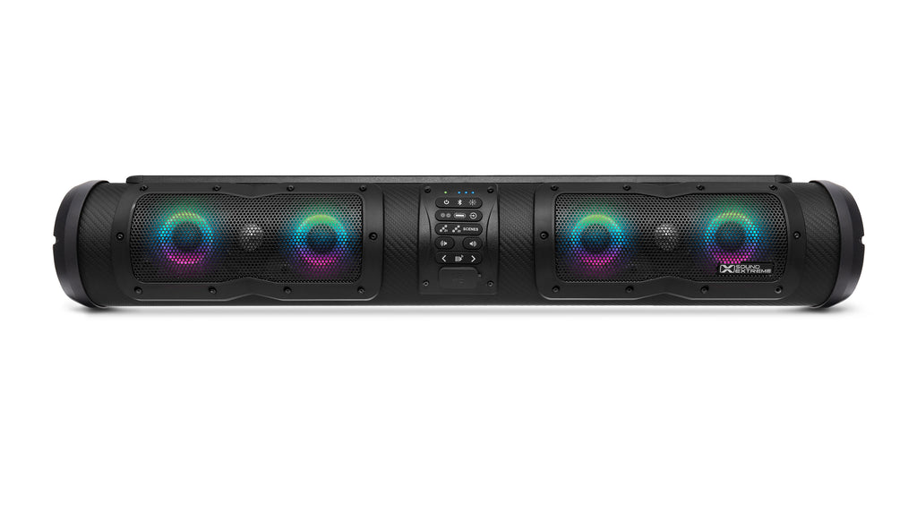 EcoXGear Soundextreme 28" Elite Soundbar with LED casting, showing sleek design and LED lighting features.
