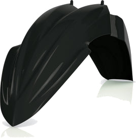 Acerbis black front fender for motorcycle, showcasing the durable plastic design and mounting points on a plain background.