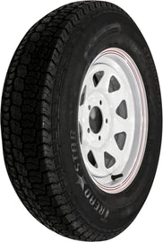 AWC trailer tire and wheel assembly with white rim, featuring treaded tire and sturdy steel wheel for trailer use.