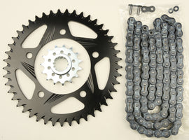 VORTEX sprocket and chain kit with black aluminum and steel components, includes 15/45T sprockets for 520-108L chains.