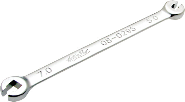 Motion Pro 5.0mm x 7.0mm spoke wrench for motorcycle wheel spokes, durable tool with ergonomic handle for tightening and loosening.