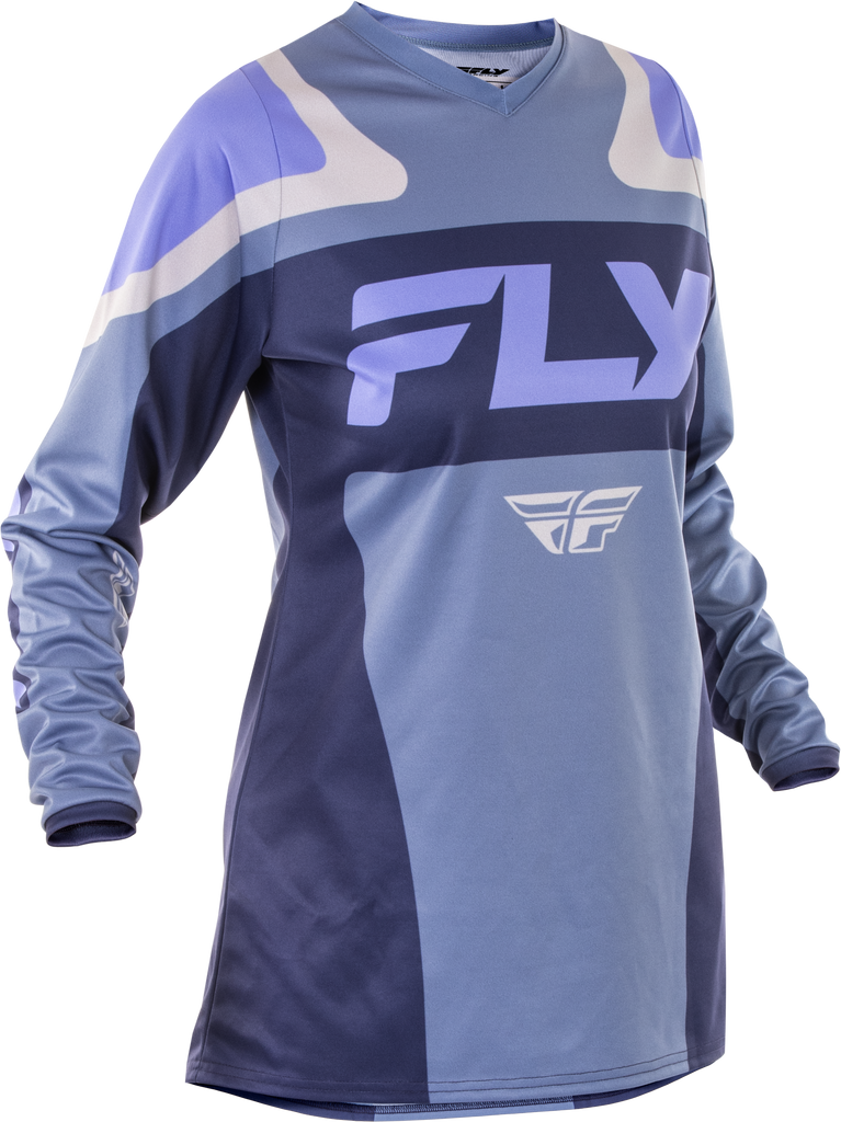Fly Racing Women's F-16 Jersey in stone and lavender, featuring a lightweight, breathable fabric with stylish color blocking.