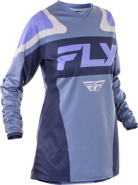 Fly Racing Women's F-16 Jersey in stone and lavender, featuring a lightweight, breathable fabric with stylish color blocking.