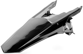 Polisport Plastics black rear fender for motorcycles, model 64-05197, shown on a motorcycle with a close-up view of the fender.