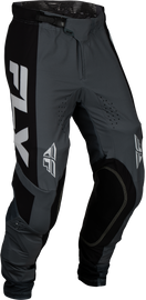 Fly Racing Lite pants in charcoal and black, size 32, showing the lightweight motocross riding pants with reinforced knee areas.