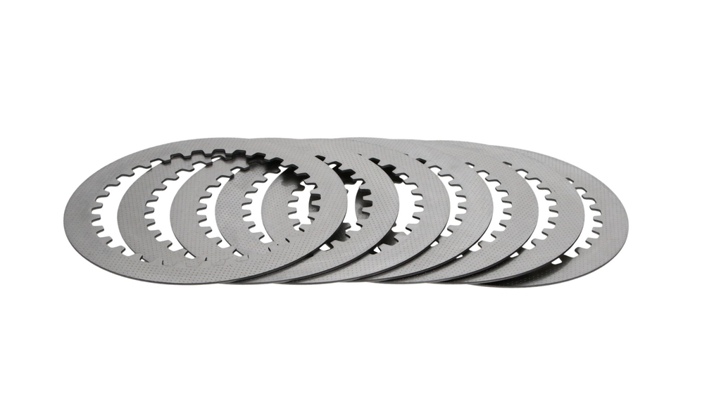 ProX Racing Parts clutch steel plate set She 19-73018S showing multiple metallic clutch plates on a white background