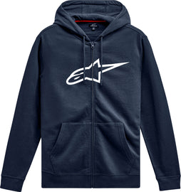 Alpine Star Ageless Zip Hoodie V3 in navy and white, displayed on a hanger, with a front zipper and casual style.