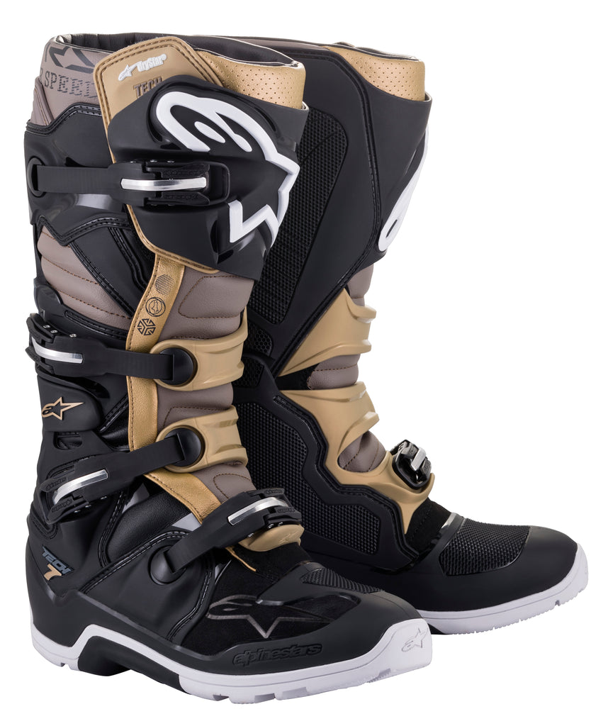 Alpine Star Tech 7 Enduro DS motorcycle boots in black, grey, and gold, size 13, with protective design and rugged construction.
