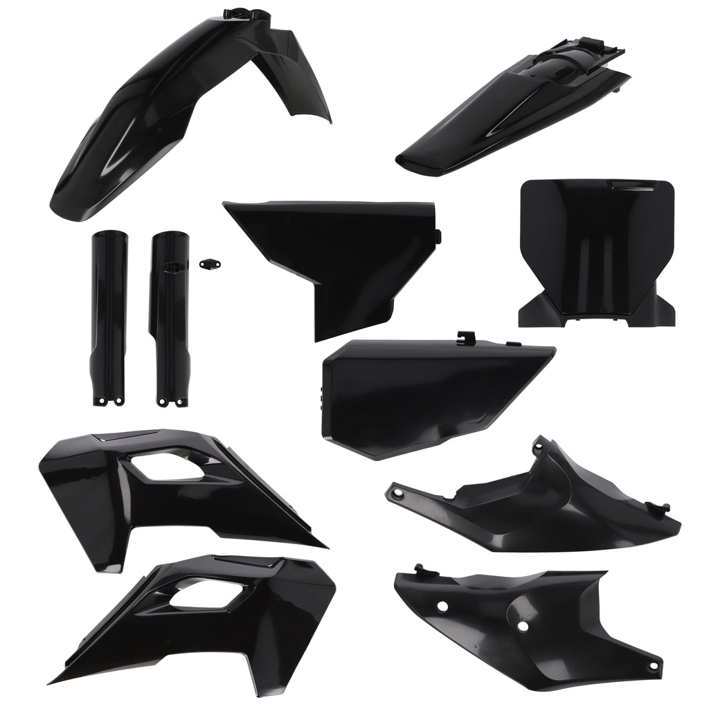 Acerbis full black plastic body kit for Husqvarna motorcycle, includes various body panels and fairings.