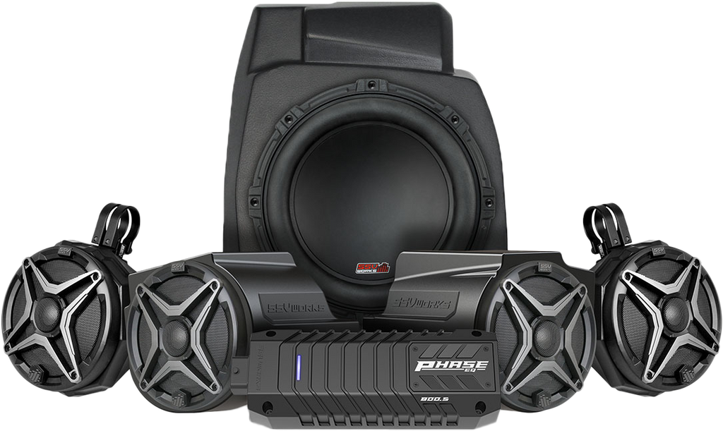 SSV Works 5-speaker kit for Ride Command system, featuring black speakers with mounting brackets and wiring for audio upgrade.