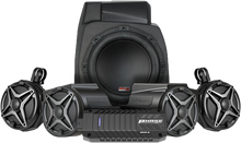 Load image into Gallery viewer, SSV Works 5-speaker kit for Ride Command system, featuring black speakers with mounting brackets and wiring for audio upgrade.