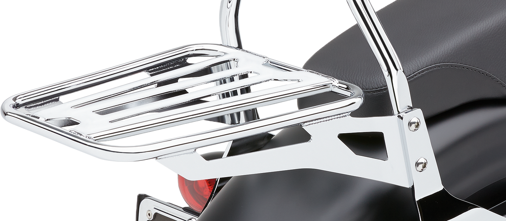 Chrome Cobra Sissy Bar Luggage Rack Tube for motorcycles, with a sturdy, polished metal design and mounting hardware visible.