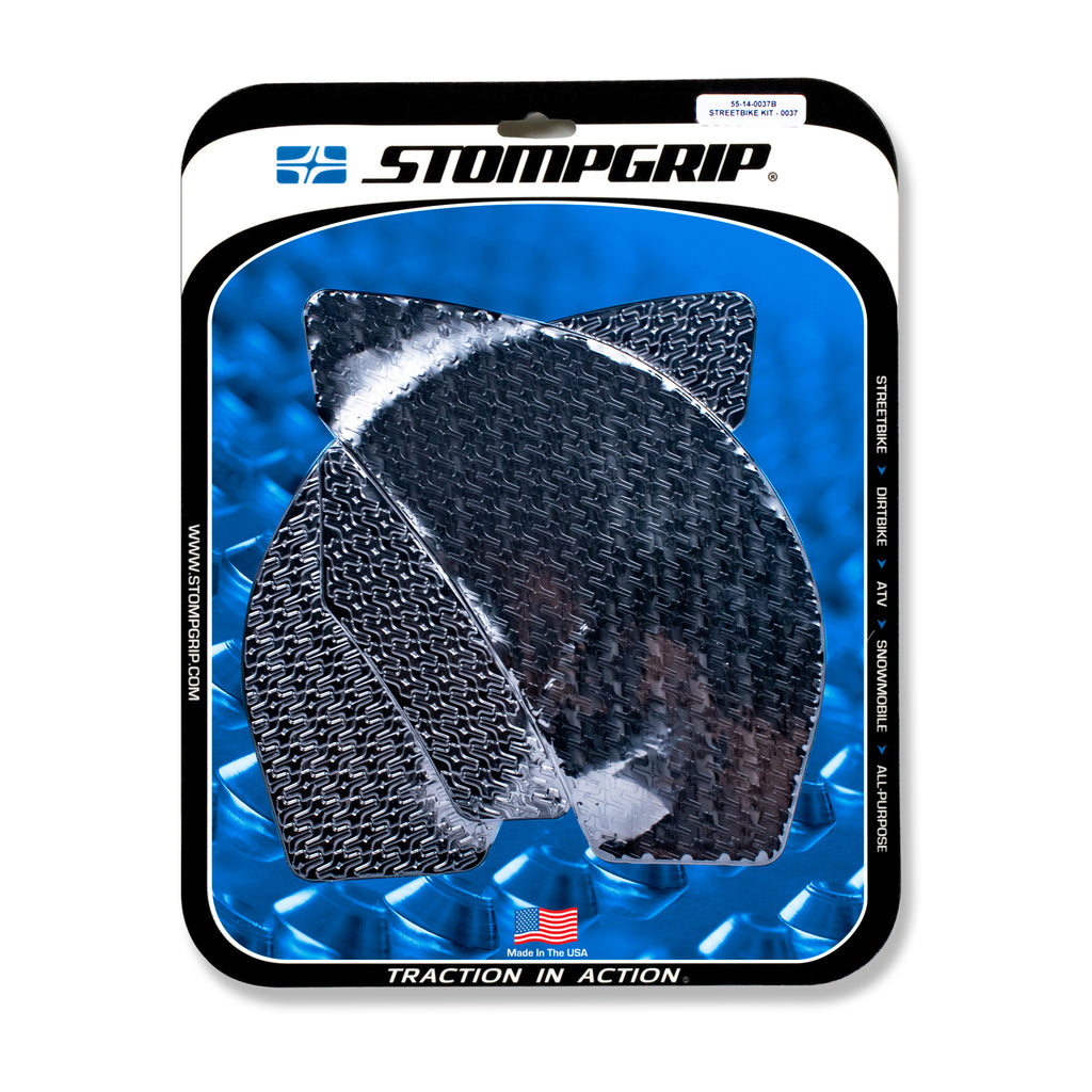Stompgrip Icon Black tank pad kit for motorcycle body protection, featuring black rubber grips and logo design.