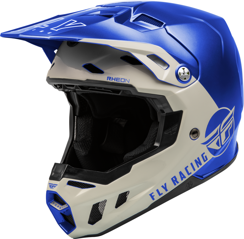 Fly Racing Formula CC Centrum helmet in metallic blue and light grey, size small, showing the sleek, aerodynamic design and vibrant color.