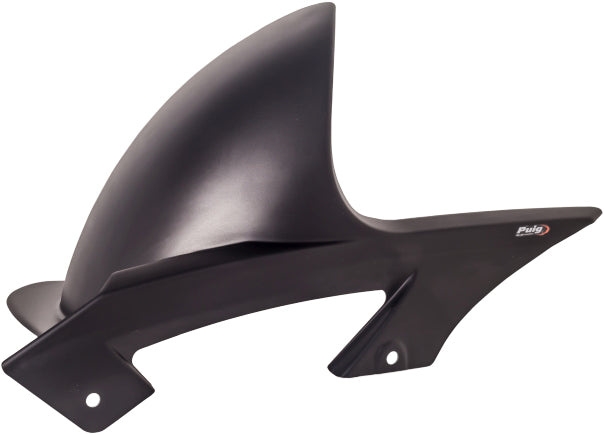 PUIG matte black tire hugger for motorcycle body, showing the sleek, curved design and matte black finish.