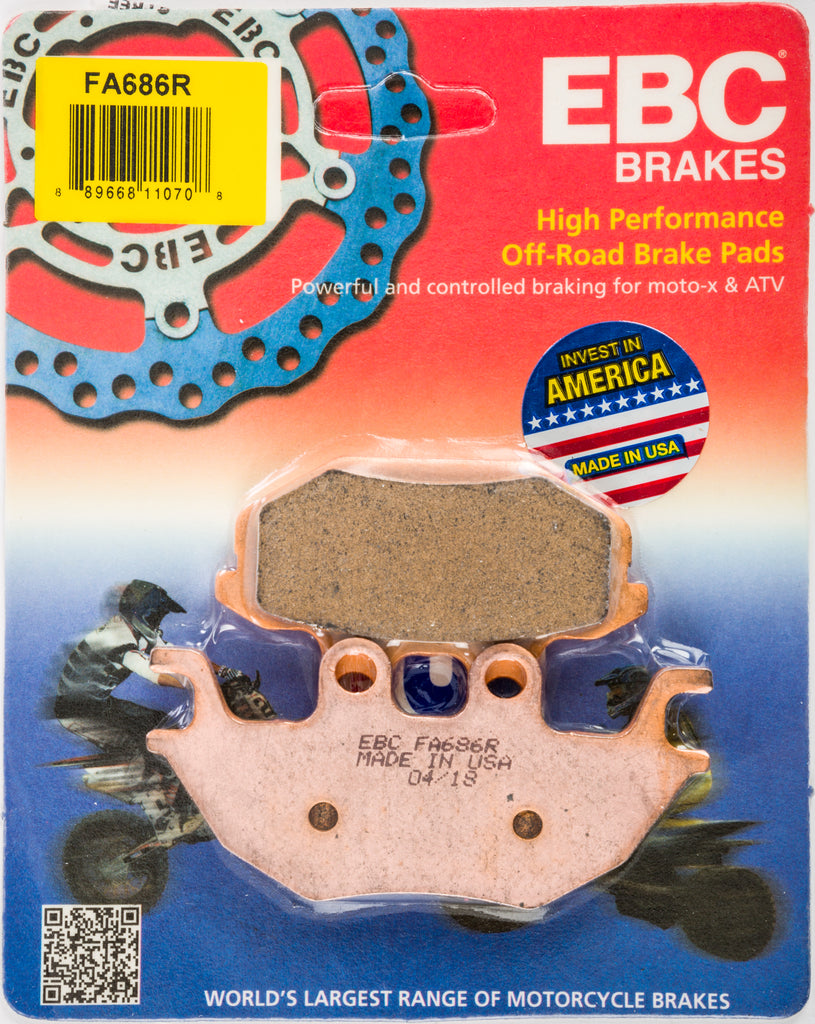 EBC Motorcycle Brakes Fa686r Sintered R Series brake pad showing metallic friction surface and branding for motorcycle braking.