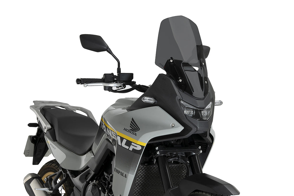 PUIG touring dark smoke motorcycle windscreen, aerodynamic windshield for Honda models, designed for protection and style.