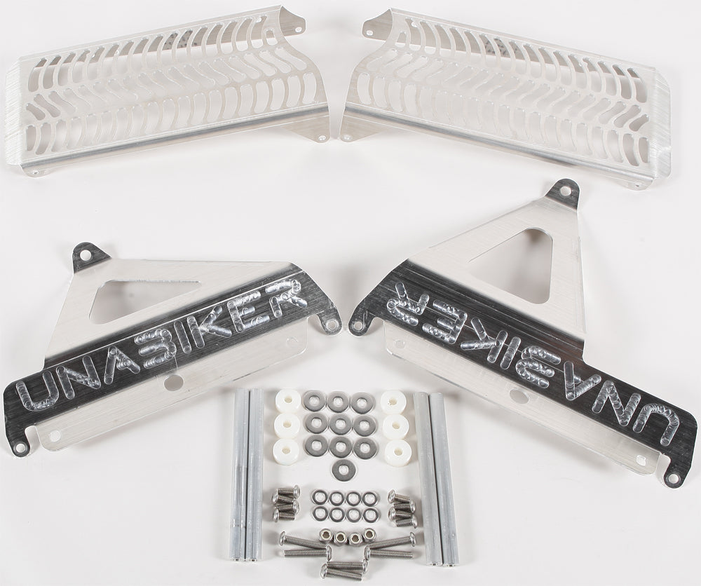 Unabiker Radiator Guard in natural color, made of durable metal with intricate cut-out design protecting motorcycle radiator.
